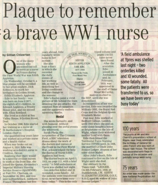 Article in the East Kent Mercury 2 October 2014. Click on the image to read the article more easily. Thanks to the Editor, Graham Smith, for allowing us to show the article here.
